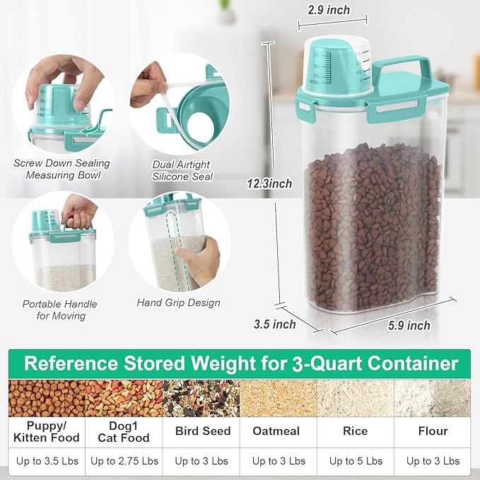 TBMax Rice Storage Container 3 to 5 Lbs - Small Pet Dog Cat Food Container Dispenser with Easy Pouring Spout & Cup, Portable Cereal Container for Small Spaces, Travel, or Daily Use -Cyan