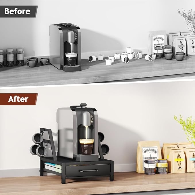K Cup Holder Drawer - K Cup Storage Organizer, Coffee Pod Drawer with Hooks, Durable Iron-Wood Design, Space-Saving Coffee Station Organizer for Kitchen Counter
