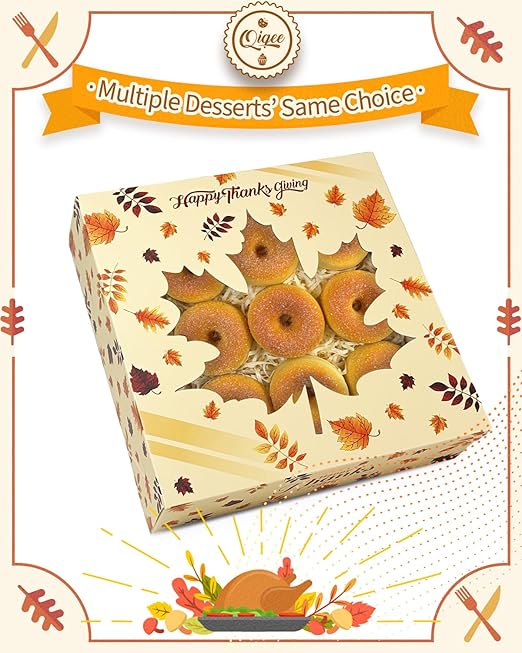 qiqee Thanksgiving Cookie Boxes with Window For Gift Giving Fall Treat Boxes 10x10x2.5 inch 30Packs Pie Donut Bakery Box