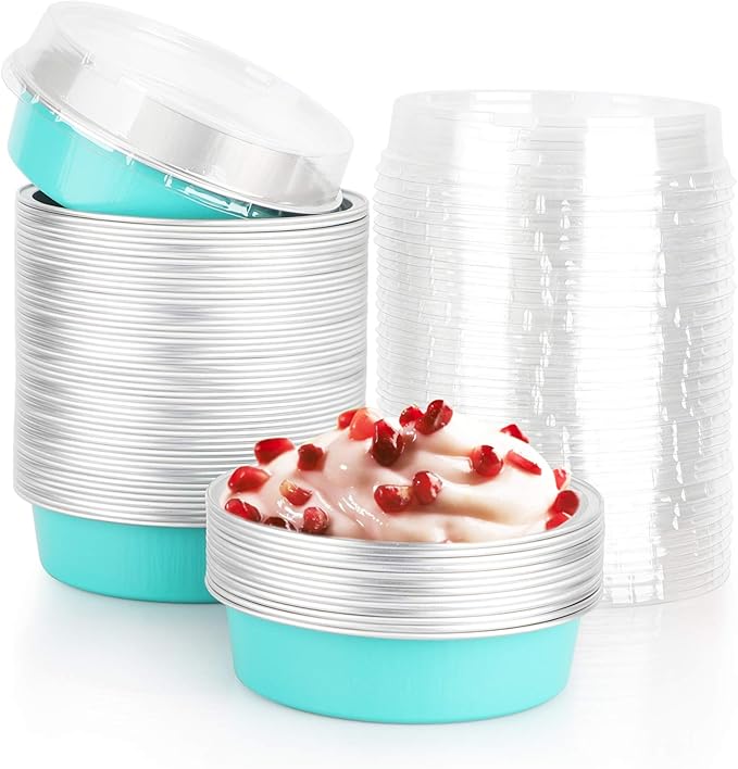 Beasea Mini Pie Pans with Lids, 4 Inch 50 Pack Disposable Cake Pans, 8 Oz Elegant Blue Aluminum Pie Pans for Tart, Quiche & Cheesecake