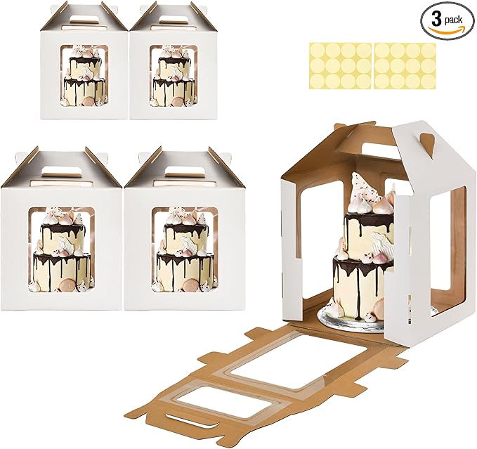 Tall Cake Boxes 6 Windows with handle, In 3 Size 10x10x10&12x12x12&14x14x14inch Cake Carrier,Square Cake box,Take Out Transport Containers for Wedding, Birthday, Party(5Pcs-White)