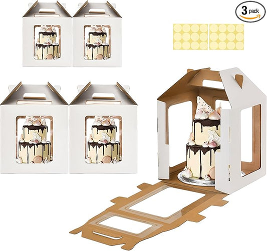 Tall Cake Boxes 6 Windows with handle, In 3 Size 10x10x10&12x12x12&14x14x14inch Cake Carrier,Square Cake box,Take Out Transport Containers for Wedding, Birthday, Party(5Pcs-White)