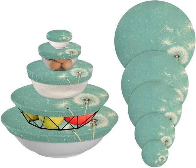 5 Pcs Bowl Covers Reusable in 5 Size Elastic Food Cover Cloth Lids Fresh Keeping Dish Cookware Bakeware Fabric Covers Lids for Food Leftovers Fruits Storage Teal Dandelion Flowers
