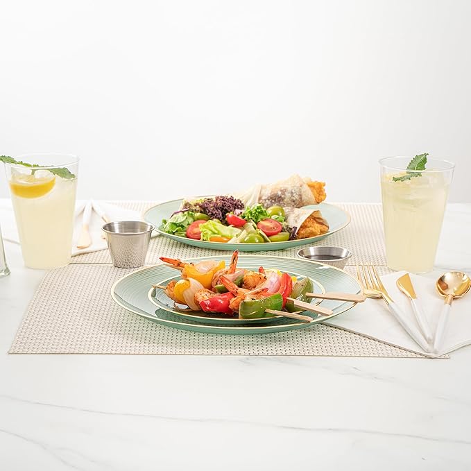Restaurantware Plastic Plates 200 Pcs 7.13" and 10" Combo Gold Rimmed Plate Set Disposable Heavy-Duty Green Translucent Rippled Plastic Dinner Servers for Party, Weddings, Salads, Desserts