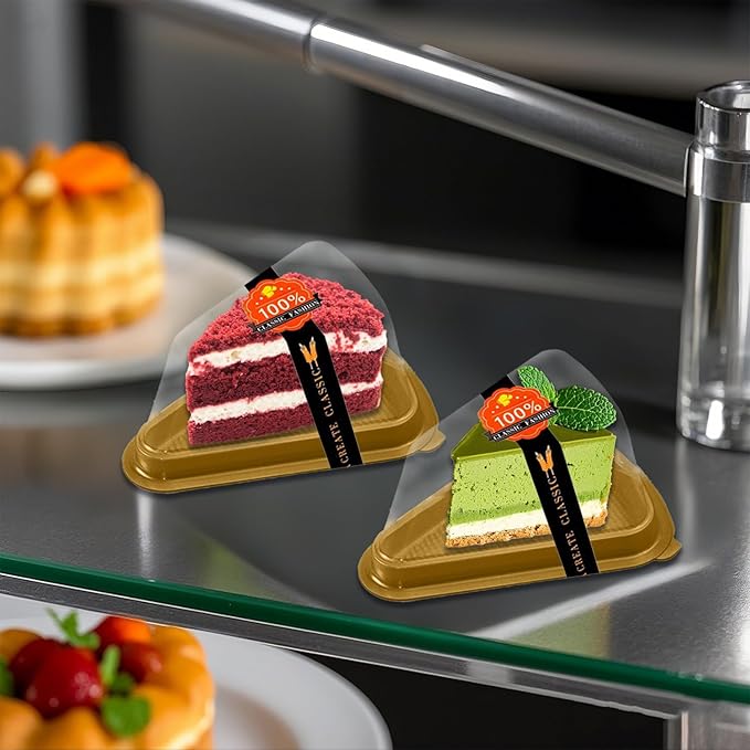 Cake Slice Container, 50 Pack Clear Plastic Cake Containers Cheesecake Container Pie Slice Box, Individual Pie Slice Box Disposable Cheesecake Containers For Pies Snack Dessert (Gold)