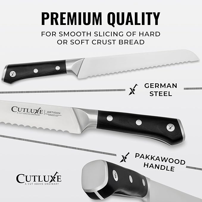 Cutluxe Bread Knife – 8" Serrated Bread Knife for Homemade Bread, Sourdough, Bagel – Razor Sharp High Carbon German Steel Blade for Slicing & Cutting – Ergonomic Handle – Artisan Series