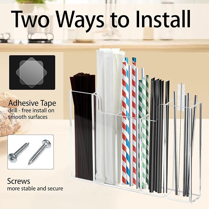 Weiai Acrylic Straw Organizer Holder for Counter Cabinet, 5 Slot Straw Dispenser with 2 Installation Methods for Kitchen Café Bar, Clear