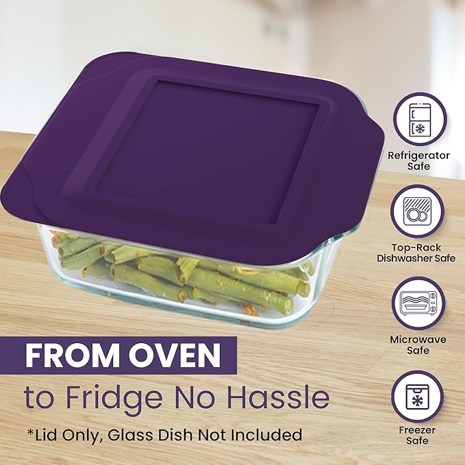 Replacement Lid for Pyrex 2-Quart 8" x 8" Glass Baking Dish #222, Compatible with Lid #222-PC, Food Storage Container Cover with Flush Tab Handles (Purple)