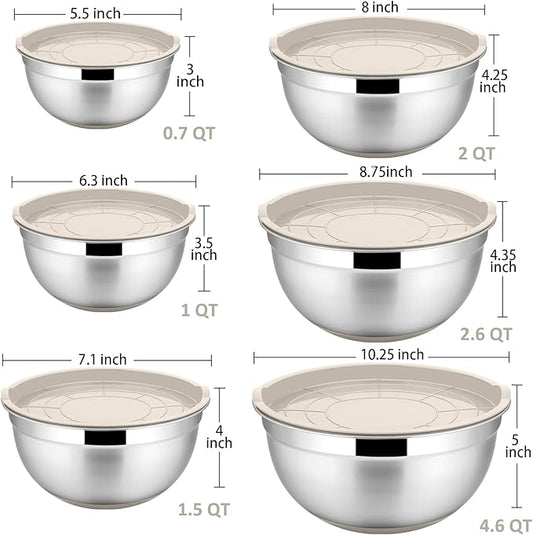 P&P CHEF Mixing Bowls With Lids, Set of 6, Stainless Steel Nesting Mixing Bowls & Fitting Lids & Non-Slip Silicone Bottom, Ideal for Mixing, Storing, Size 0.7/1/1.5/2.5/3/4.6 Qt, Khaki