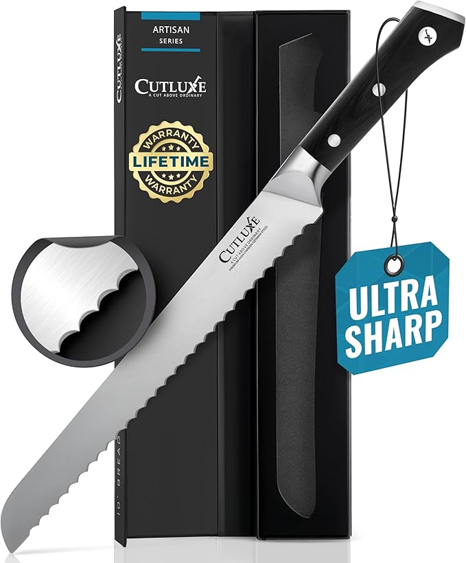 Cutluxe Bread Knife – 10" Serrated Knife for Homemade, Sourdough Bread – Forged High Carbon German Steel – Full Tang & Razor Sharp – Ergonomic Handle Design – Artisan Series