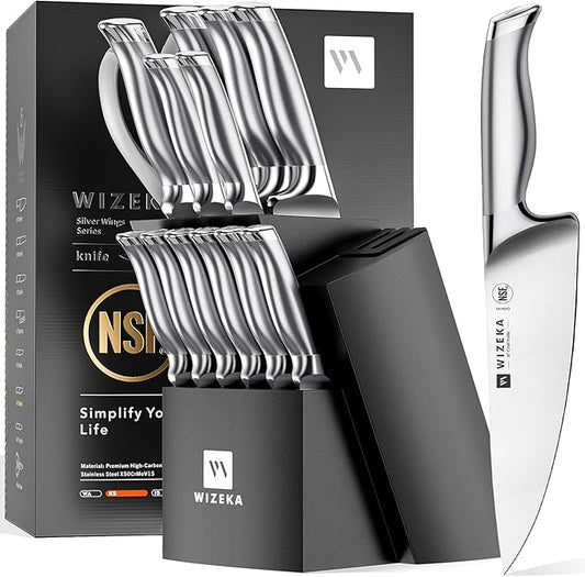 WIZEKA Kitchen Knife Set with Block: 15PCS Easy-Care Knife Block Set with Sharpener, One-Piece German Stainless Steel Kitchen Knives, Silver Wings Series