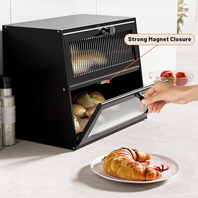 Bread Box for Kitchen Countertop,Extra Large 2 Layer Breadbox Wooden Farmhouse Bread Storage Container Bread Bin Bread Holder Food Organizer Pantry Shelf Acrylic Window(Black)