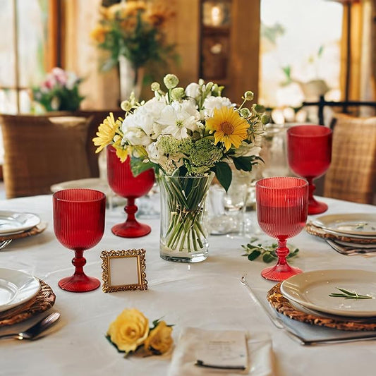 24 Pcs Red Vintage Wine Glasses, 11 Ounces Colored Glass Water Goblets, Unique Embossed Pattern High Clear Stemmed Glassware Wedding Party Bar Glass Drinking Cups Fancy Glasses Set Hand Wash Only