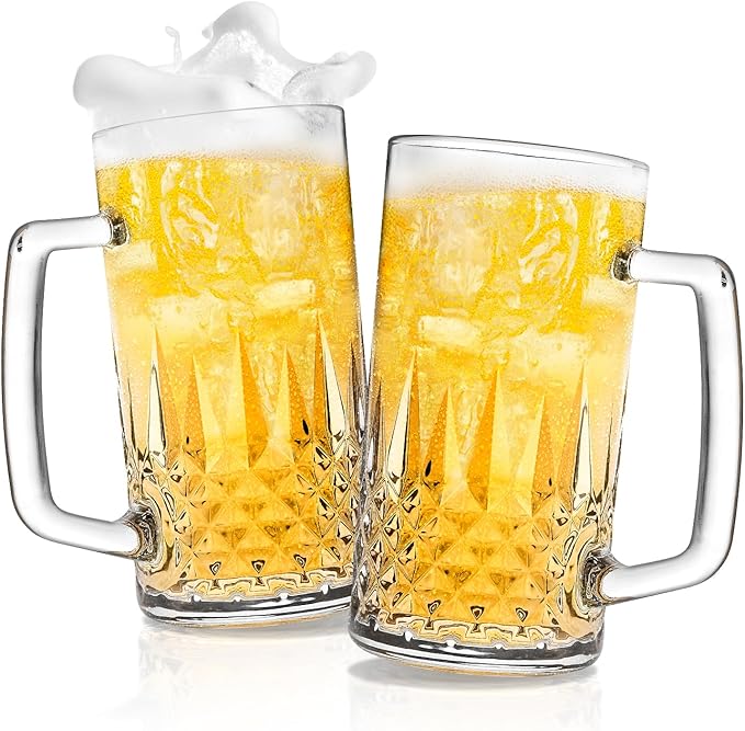 Beer Mug Set of 2, 20oz Crystal Beer Glasses with Handle, Glass Beer Mugs for Freezer, Gifts for Men