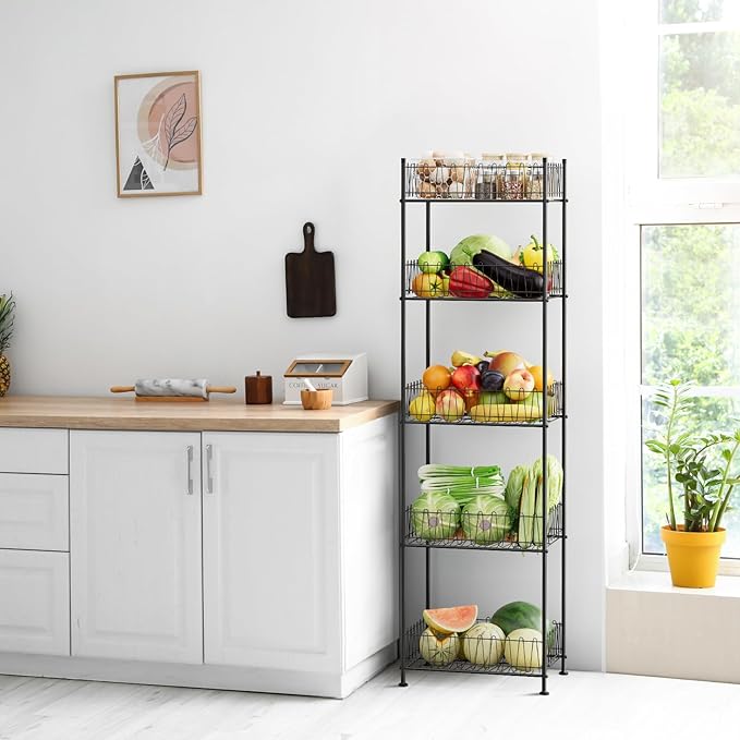 5 Tier Water Bottle Organizer Rack Metal Free Standing Water Storage Rack Beverage Holder Bottled Water Stand for Floor, Space Saver Soda Drink Shelf for Kitchen Living Room, Black