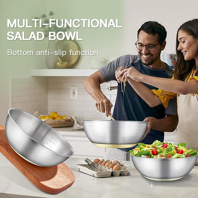Stainless Steel Mixing Bowl Set - High - Quality, Durable and Rust - Resistant for Baking, Cooking, and Salad Making,Kitchen meal preparation,Great for Mixing & Serving,Anti slip silicone rubber base