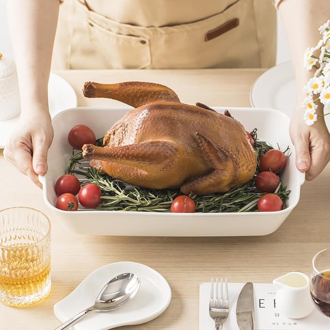 Casserole Dish with Roasting Racks, 3 QT Baking Dish with Handles, White Bakeware, Ceramic Baking Pan, Microwave Oven Safe, Dinner, Wedding （13.6"*8.7"）