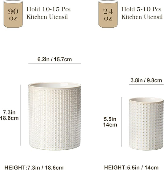 MALACASA LYDIA Ceramic Utensil Holders, 7.3"+5.5" Kitchen Utensil Crock Set for Countertop, Large & Small Utensil Organizers for Cooking Tools, Rhombus Pattern