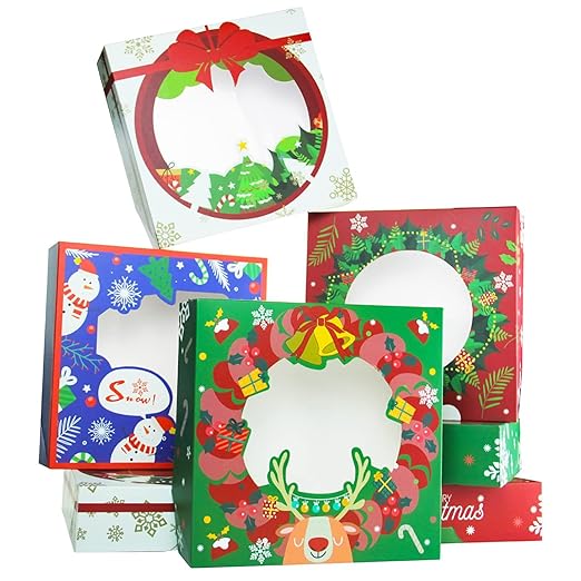 qiqee New Christmas Pie Boxes with Window 10x10x2.5 inch 30Packs Cookie Donut Bakery Box