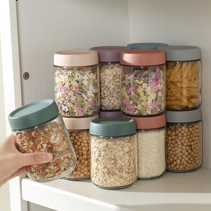 16 OZ Glass Mason Jars with Airtight Lids Wide Mouth Leakproof Pantry Organization Food-Grade Storage Containers for Honey,Salad,Yogurt and Snacks (Plastic Lid-12 Pack)