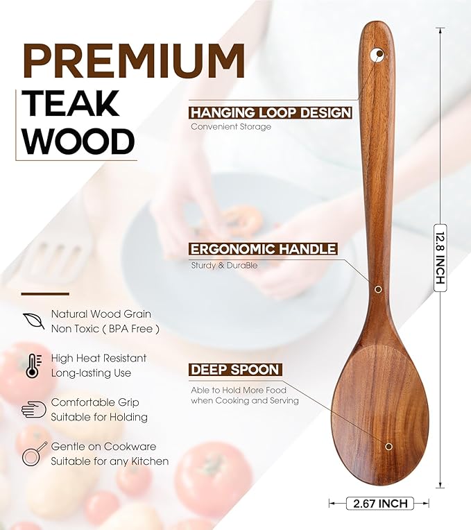 Wooden Spoons for Cooking, Natural Premium Teak Wooden Spoons, Good Grip Large Cooking Spoons and Wooden Spatula, Heat Resistant Wooden Cooking Utensils for Nonstick Cookware Serving, Perfect Gifts