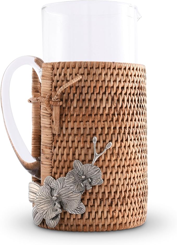 Vagabond House Orchid Adorned Glass Carafe, Lightweight & Durable, Tropical Rattan Wicker Design, Dishwasher Safe, Perfect Table Centerpiece, Ideal Ice Tea Pitcher for Hot or Cold Beverages