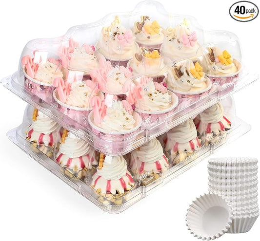 LotFancy Mini Cupcake Containers, 12 Count, 40 Pack, Clear Plastic Cupcake Holder with 480 Mini Cupcake Liners, Dozen Disposable Cup Cake Carriers with Detachable Lid