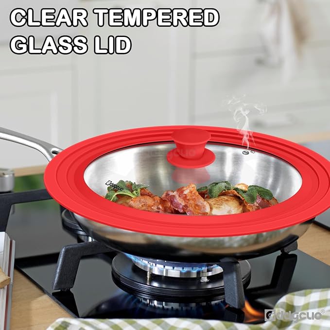 Universal Pan Lids, Silicone Pot lids for Pots, Pans & Skillets - Fits 11", 12" & 13" Diameter Cookware, Replacement Frying Pan lid, Dishwasher Safe (Red)