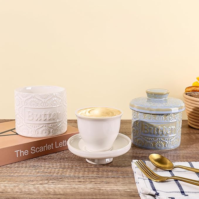 Butter Crock with Water Line, Ceramic Butter Keeper for Counter, French Butter Dish with Lid for Spreadable Fresh Butter (Pale Blue)