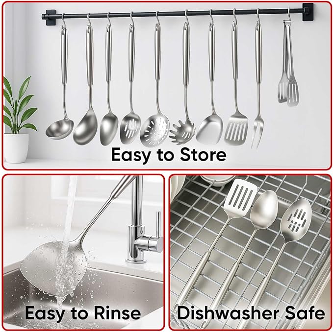 Newness 10 Pcs Cooking Utensils Set, 304 Stainless Steel Kitchen Utensils Set, Metal Kitchen Accessories, Include Soup Ladle, Slotted Skimmer Spoon, Spaghetti Spoon and Spatula, Tongs,Dishwasher Safe