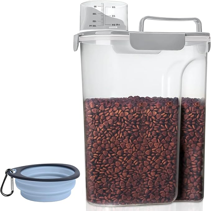 5-7Lbs Small Cat Dog Food Storage Containers BPA Free, Airtight Pet Food Storage Containers with Large Pour Spout/1 Measuring Cup/ 4 Safety Locks and With Folding Bowl (Elegant Gray)