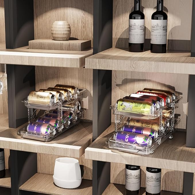 2-Pack Adjustable Can Dispenser for Refrigerator & Pantry - Expandable Width (6.23"-9.37") Gravity-Fed Organizer, Stackable Drink Holder Fits Standard/Tall Cans & Energy Drinks, BPA-Free (Clear-1)