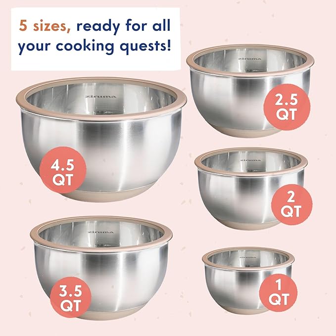 Ziruma Non-Toxic Mixing Bowls with Lids Set, Stainless Steel & Glass, 5 Pcs Plastic Free Bowls with Silicone Non-Slip Base, Dishwasher Safe Mixing Bowl Set