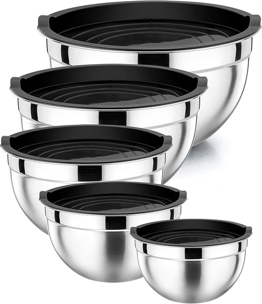 P&P CHEF Mixing Bowls with Airtight Lids Set of 5, 10-Piece Stainless Steel Mixing Nesting Bowl, Metal Bowl with Lid for Kitchen Prepping & Storing, Size 4.6, 3, 1.5, 1, 0.7 QT, Black