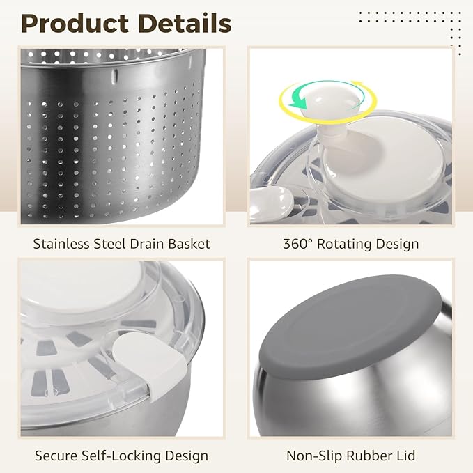 Vegetable Lettuce Spinner Strainer Set, Large Fruit Straining Spinner, Stainless Steel Salad Spinner With Lid Self-Locking