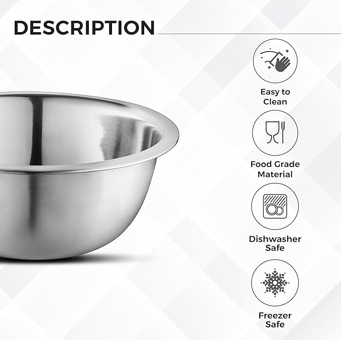 AVADOR Premium Stainless Steel Mixing Bowls, Set of 5 Brushed Stainless Steel Mixing Bowl Set, Easy To Clean, Space Saving, Great for Cooking, Baking, Prepping (5 Pc Mixing Bowl)