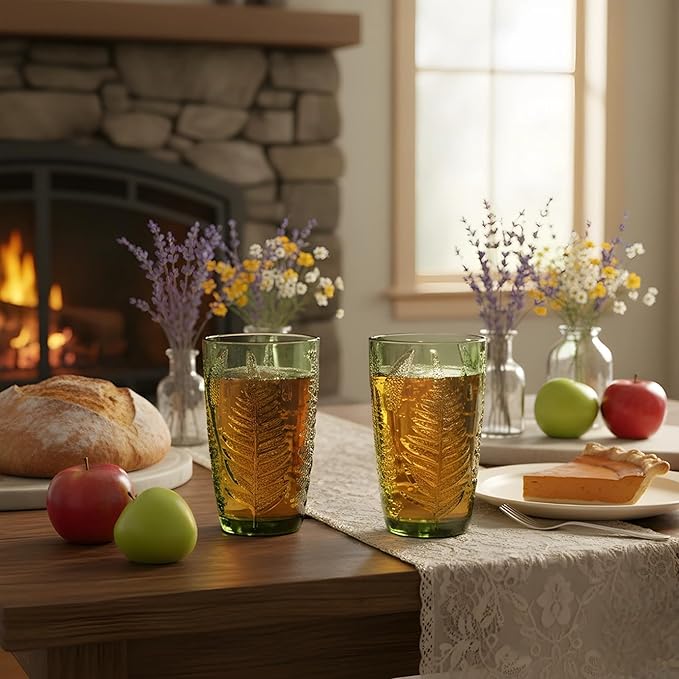 Green Drinking Glasses Set Of 4-12 Oz Hand Blown Vintage Drinking Glasses, Boho Aesthetic Antique Glassware, Colored Cute Glass Cups, Textured Highball Water Tumbler, Unique Retro Drinkware Gift