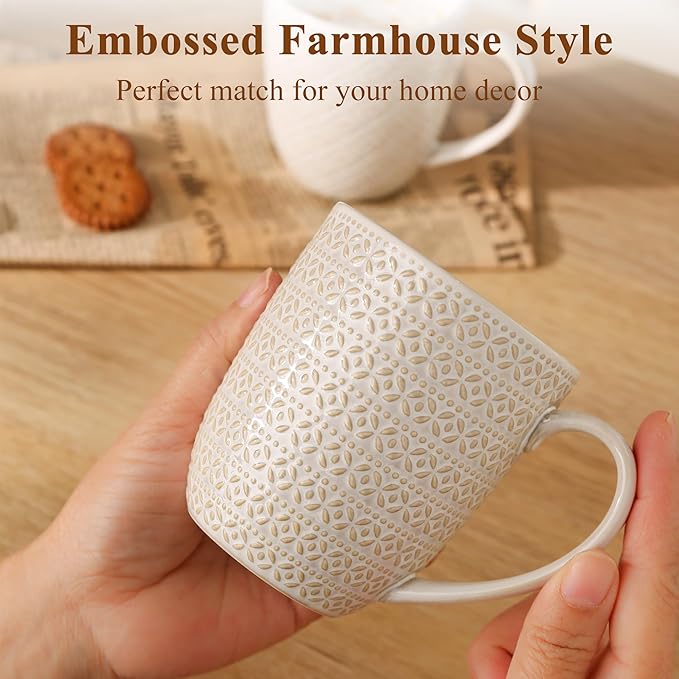 Embossment Coffee Mugs Set of 4, 12 oz Ceramic Coffee Cups Set, White Tea Cups with Large Handle for Latte, Cappuccino, Mocha, Cocoa, Microwave & Dishwasher Safe