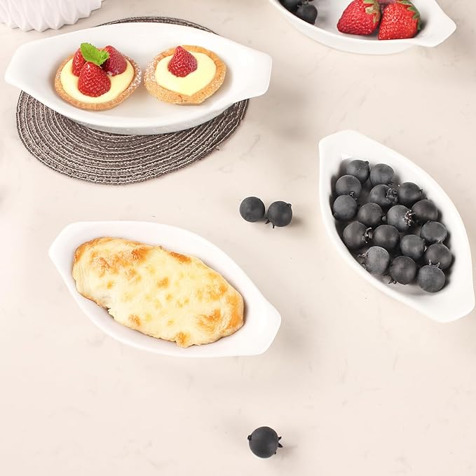 6" x 4" Ceramic Oval Small Au Gratin Baking Dishes 7 oz, Set of 4 Banana Split Bowls, Oven and Microwave Safe, for 1 person servings, Bakeware with Handle(8.3 IN) for Kitchen and Home