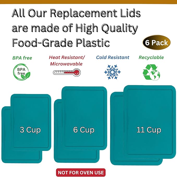 3, 6 & 11 Cup Turquoise Replacement Lids/Covers for Pyrex, Anchor Hocking & KlareWare Storage Bowls *Lids Only Glass Container Not Included* (6 Pack *Two of Each Size*)