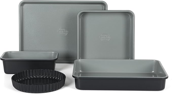 Sur La Table Kitchen Essential Carbon Steel Baking Pans Bakeware Set W/Premium PFOA, PFAS, PTFE Free Grey Nonstick Interior - Black Exterior
