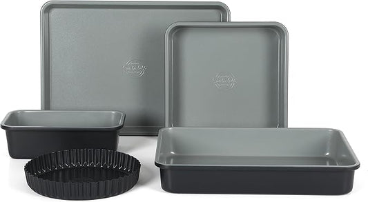 Sur La Table Kitchen Essential Carbon Steel Baking Pans Bakeware Set W/Premium PFOA, PFAS, PTFE Free Grey Nonstick Interior - Black Exterior