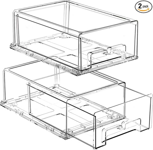 2 Pack Stackable Storage Drawers - Clear Refrigerator Drawers for Refrigerator Organizers and Storage, Acrylic Fridge Drawer Organizer with Handles for Bathroom, Undersink, Cabinet, Pantry, etc