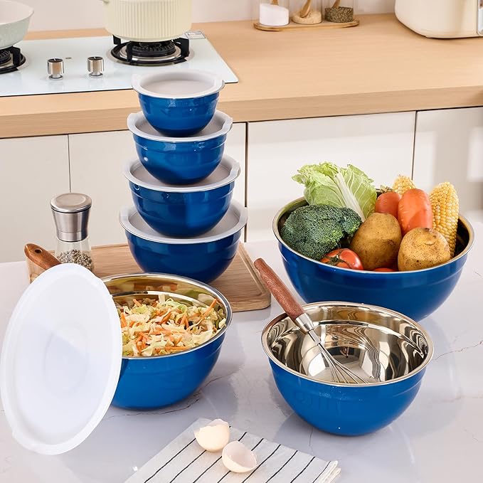 Blue Mixing Bowls with Airtight Lids, Stainless Steel Nesting Mixing Bowls Set of 7, Ideal for Baking, Prepping and Serving Food, Size 7, 3.6, 2.7, 2.1, 1.5, 1.1,0.8 QT, Stackable Design