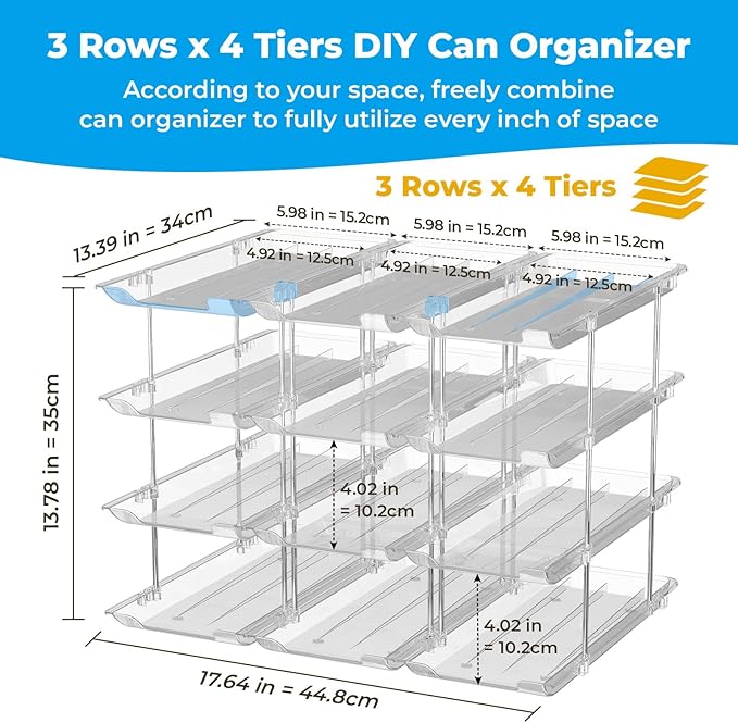 Stackable 4 Tiers Can Organizer Pantry, Canned Food Holder for Fridge Holds 48 Cans, Free Combination & Automatic Rolling, Space Saving Storage for Refrigerator Kitchen Pantry, Clear