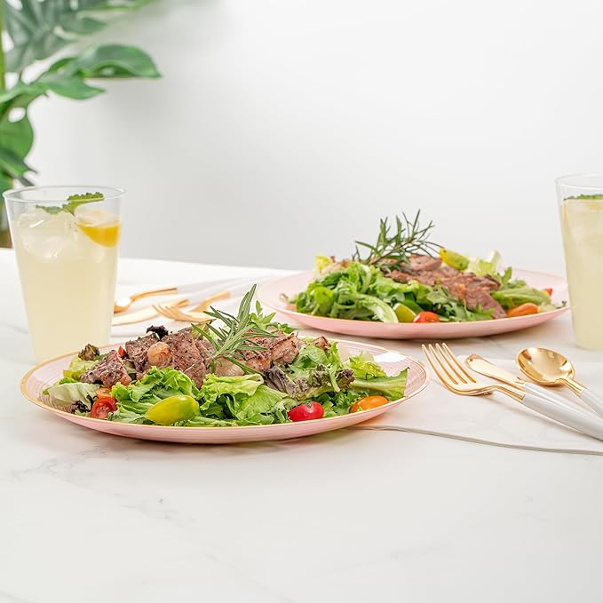 Restaurantware Plastic Plates 20 Pcs 10" Gold Rimmed Disposable Plates Heavy-Duty Pink Translucent Rippled Plastic Dinner Servers for Party, Weddings, Salads, Desserts, and Appetizers
