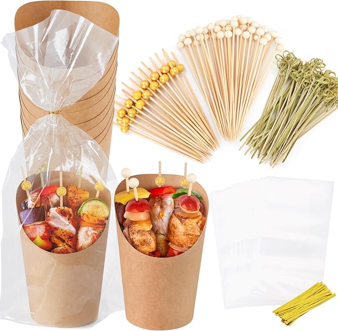 60pcs Individual 14oz Disposable Charcuterie Cups with Sticks,300pcs Cocktail Skewers,60 Portable Bags, Brown Paper Appetizer Cups for French Fry, Party Supplies