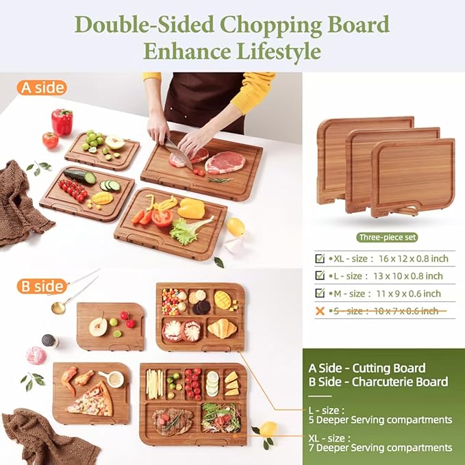 3-PCS Bamboo Cutting Board Set, Wood Cutting Board for Kitchen with Innovative Stand, Juice Groove & Handle, Double Sided for Chopping & Charcuterie Board, Kitchen Gift for Home Cooks, For Meat &Fruit