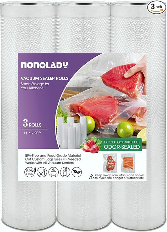 Vacuum Sealer Bags Rolls for Food, 3 Rolls 11" x 20' Commercial Grade BPA Free, Heavy Duty Puncture Prevention for Sous Vide, Meal Prep, Vac Storage with Freezer Use (Customized Size)