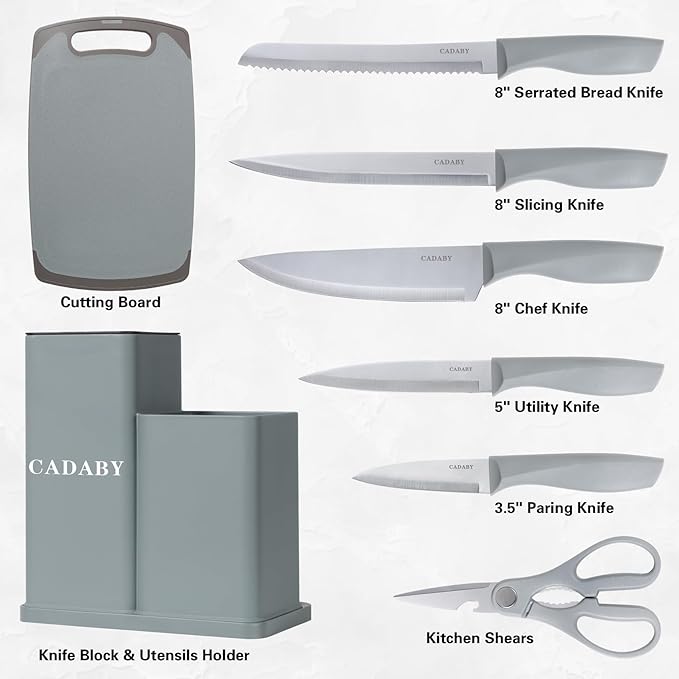 19 PCS Kitchen Cooking Utensils Set, 11 Pieces Silicone Cooking Utensils Set 6 Pieces Sharp Stainless Steel Gray Knife Set with 1 Piece Cutting Board, Ideal for Apartment